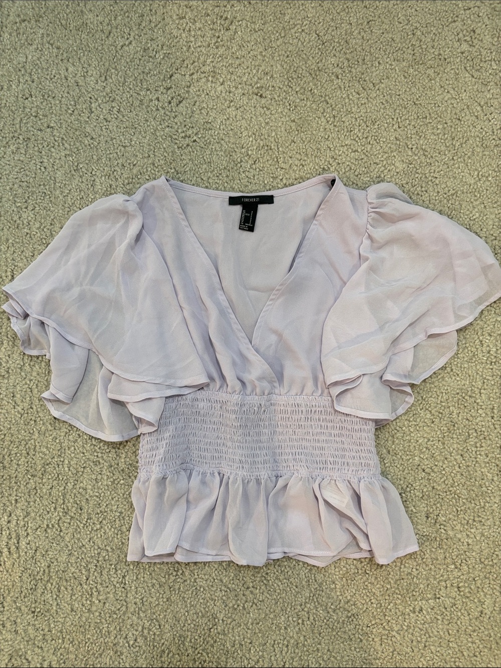 Forever 21 Light Lavender Ruffle V-Neck Smocked Waist Top